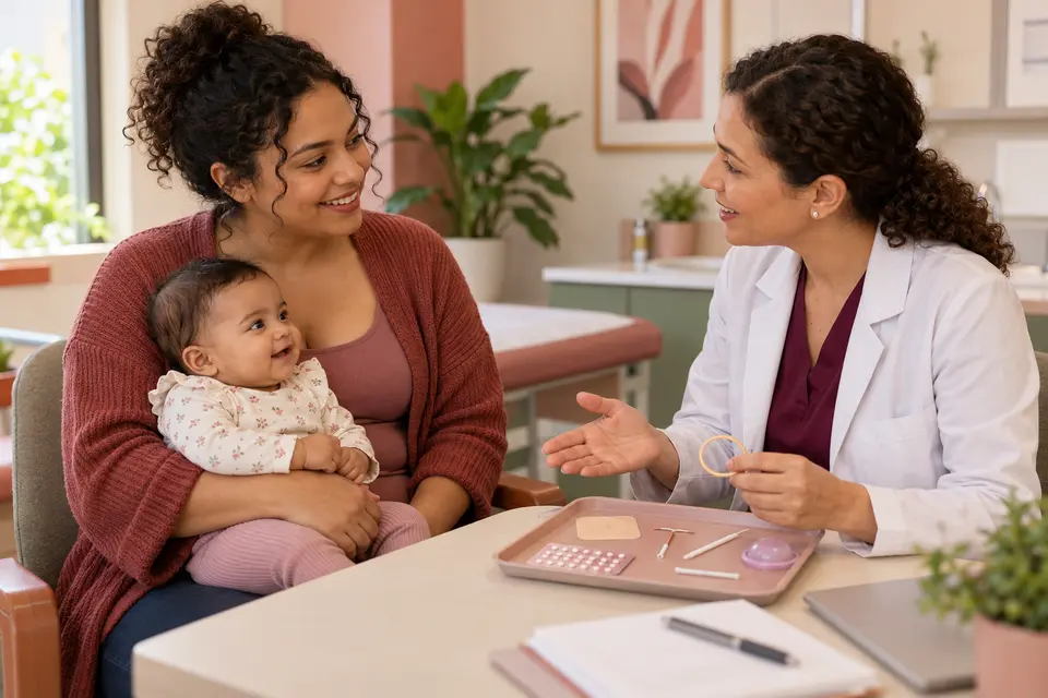 Mãe com bebê conversa com profissional sobre opções contraceptivas