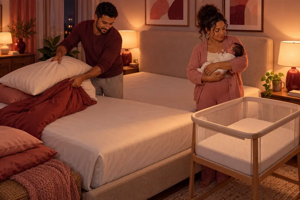 Casal acordado retira travesseiros e edredom da cama enquanto prepara o berço ao lado