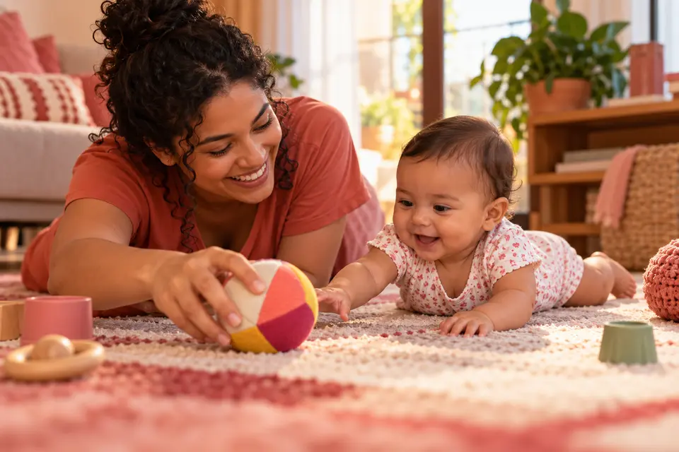 Mãe brinca no chão e posiciona um brinquedo perto do bebê sem puxar seus braços