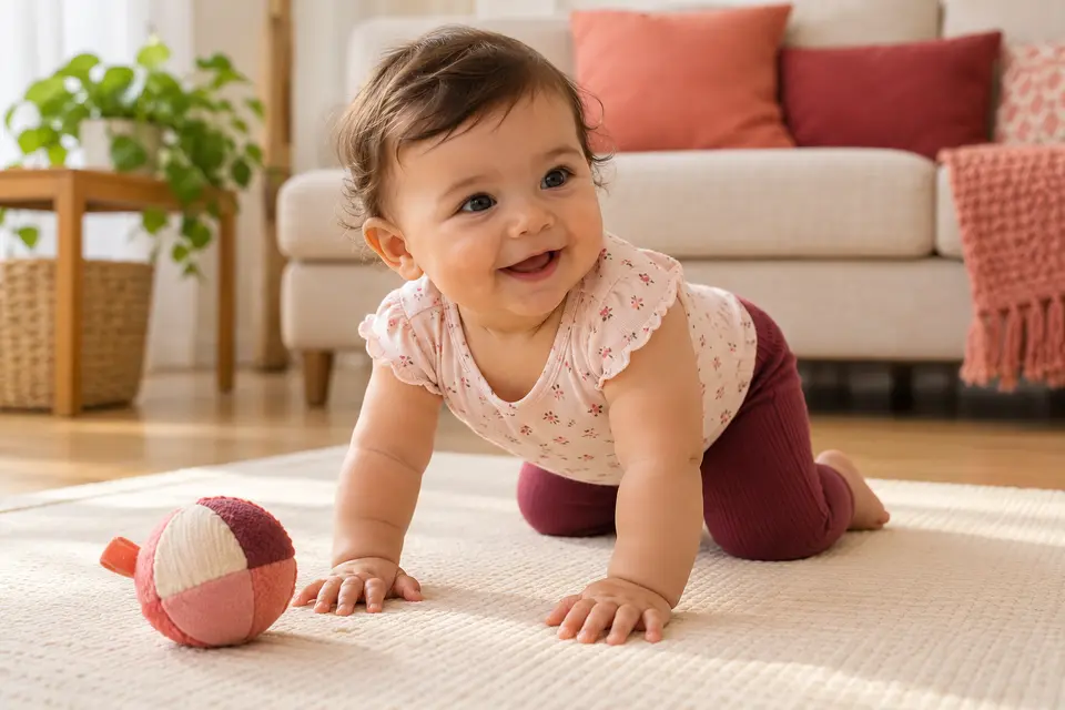 Bebê pratica apoio das mãos e joelhos em um tapete firme com brinquedo próximo