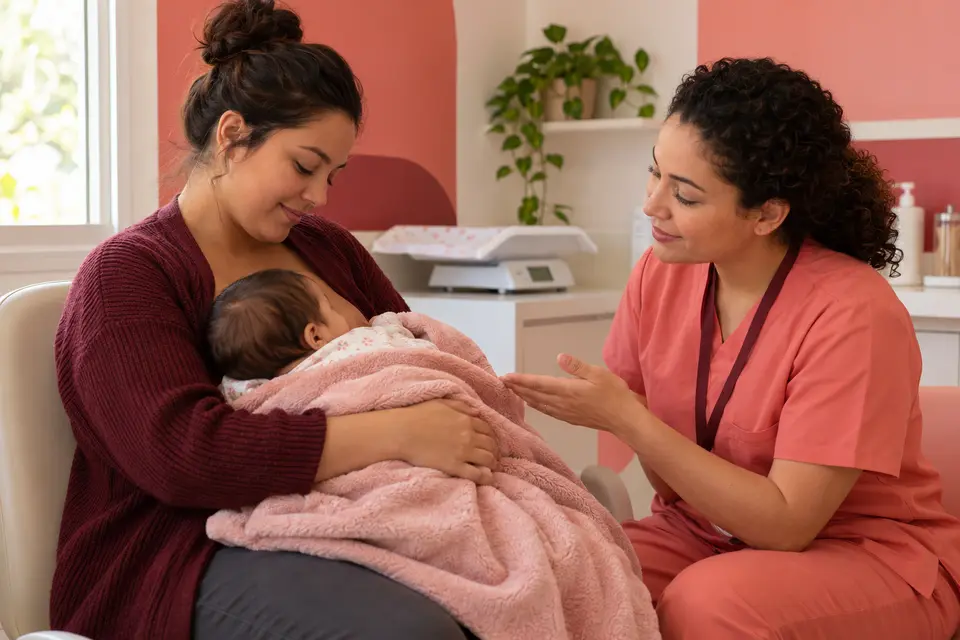 Profissional de enfermagem orienta mãe e observa a posição do bebê durante consulta