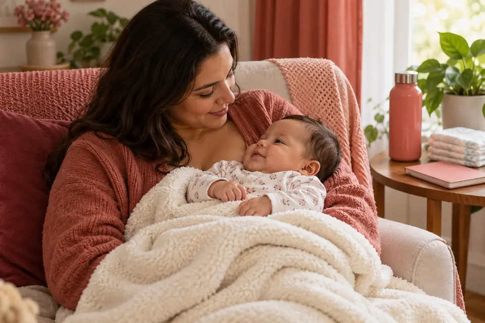 Mãe observa o bebê relaxado no colo ao lado de água e fraldas limpas