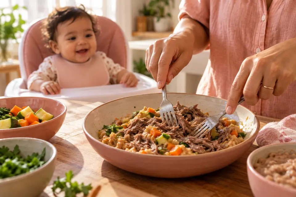 Mãe desfia carne bem cozida com dois garfos enquanto o bebê aguarda sentado com segurança