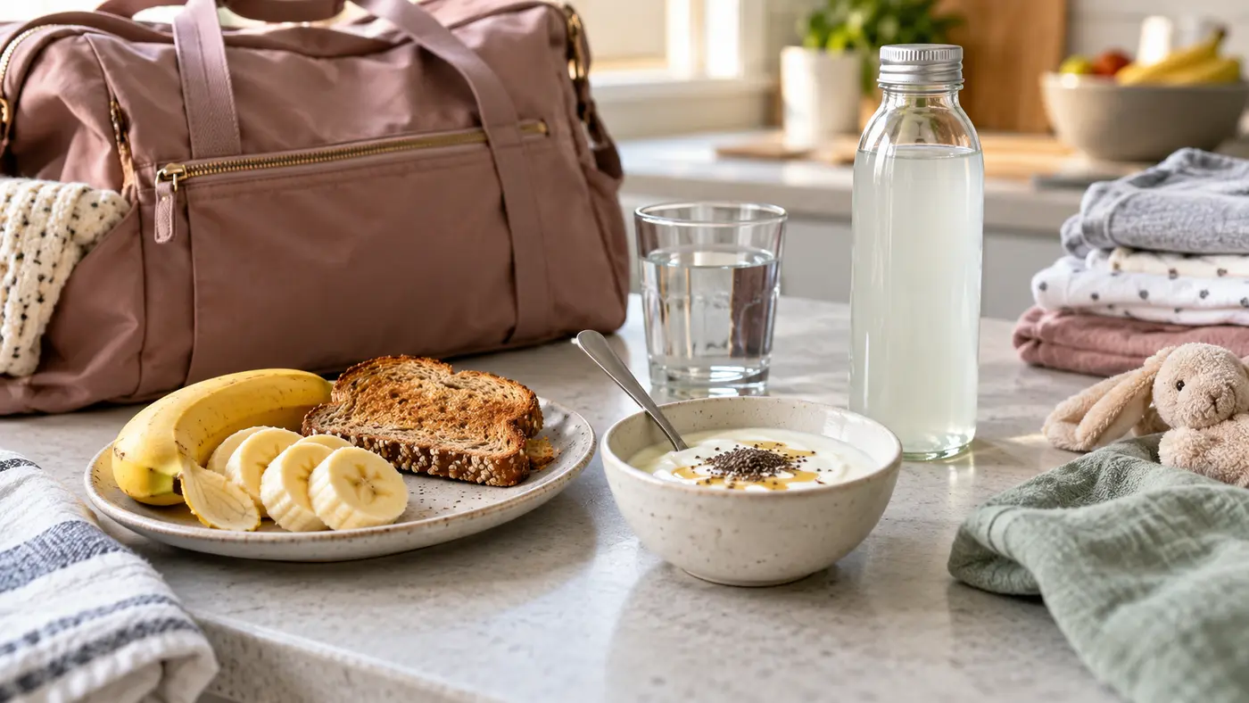 Banana, torrada, iogurte, água e água de coco ao lado de uma mala de maternidade