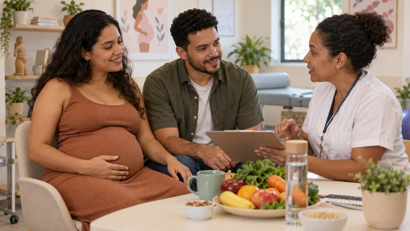Gestante e companheiro conversando com uma enfermeira sobre as regras de alimentação da maternidade