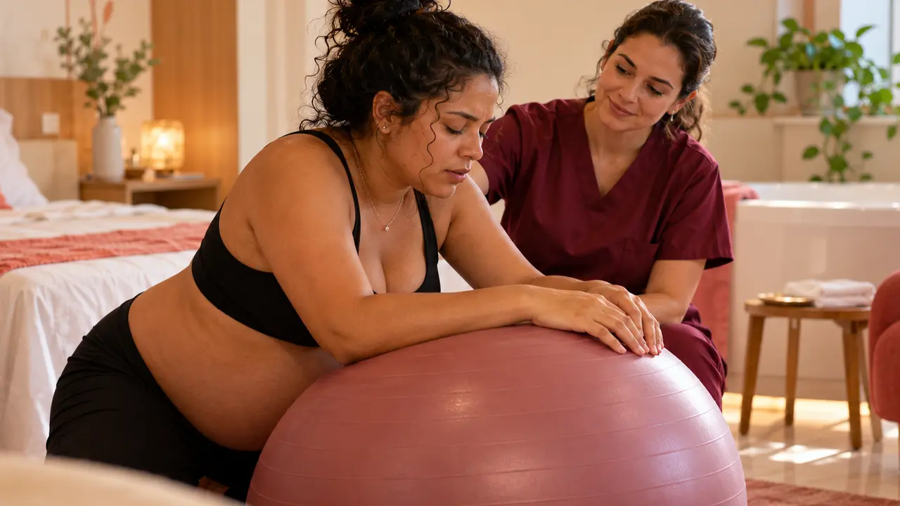 Gestante em trabalho de parto apoiada numa bola enquanto enfermeira obstetra oferece suporte