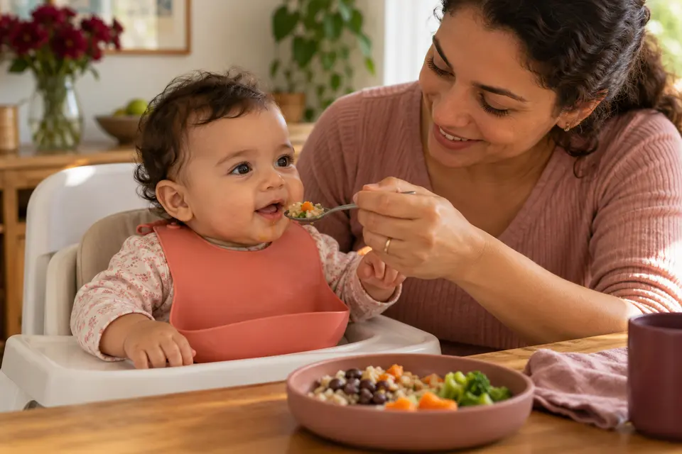 Bebê sentado ereto recebe uma colher pequena de arroz, feijão amassado e legumes