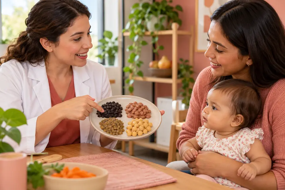 Nutricionista mostra feijão preto, carioca, lentilha e grão-de-bico em texturas macias para mãe e bebê